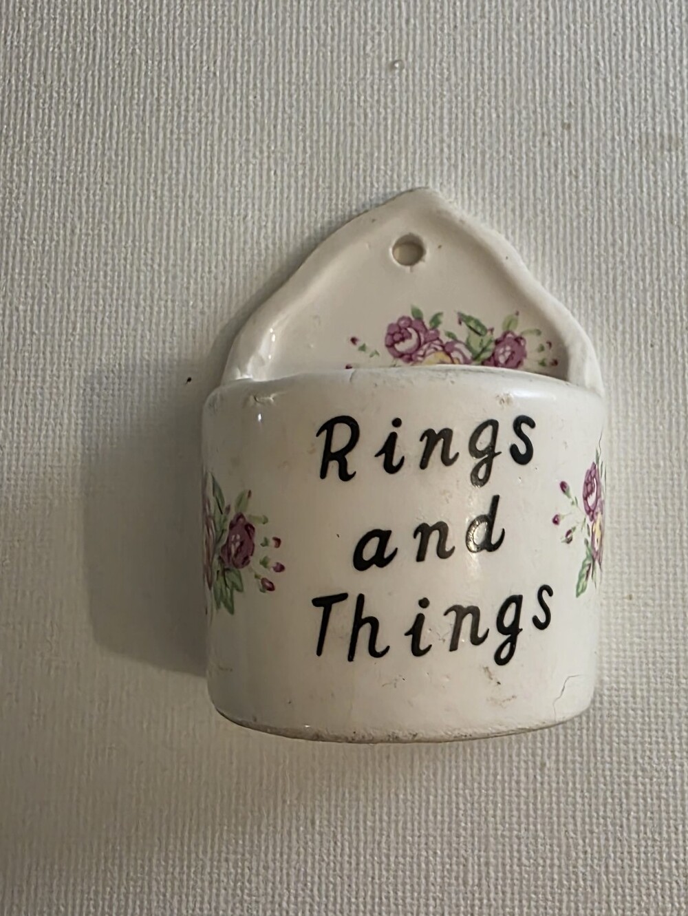 Rings and Things Ceramic Wall Pocket - White with Pink Floral